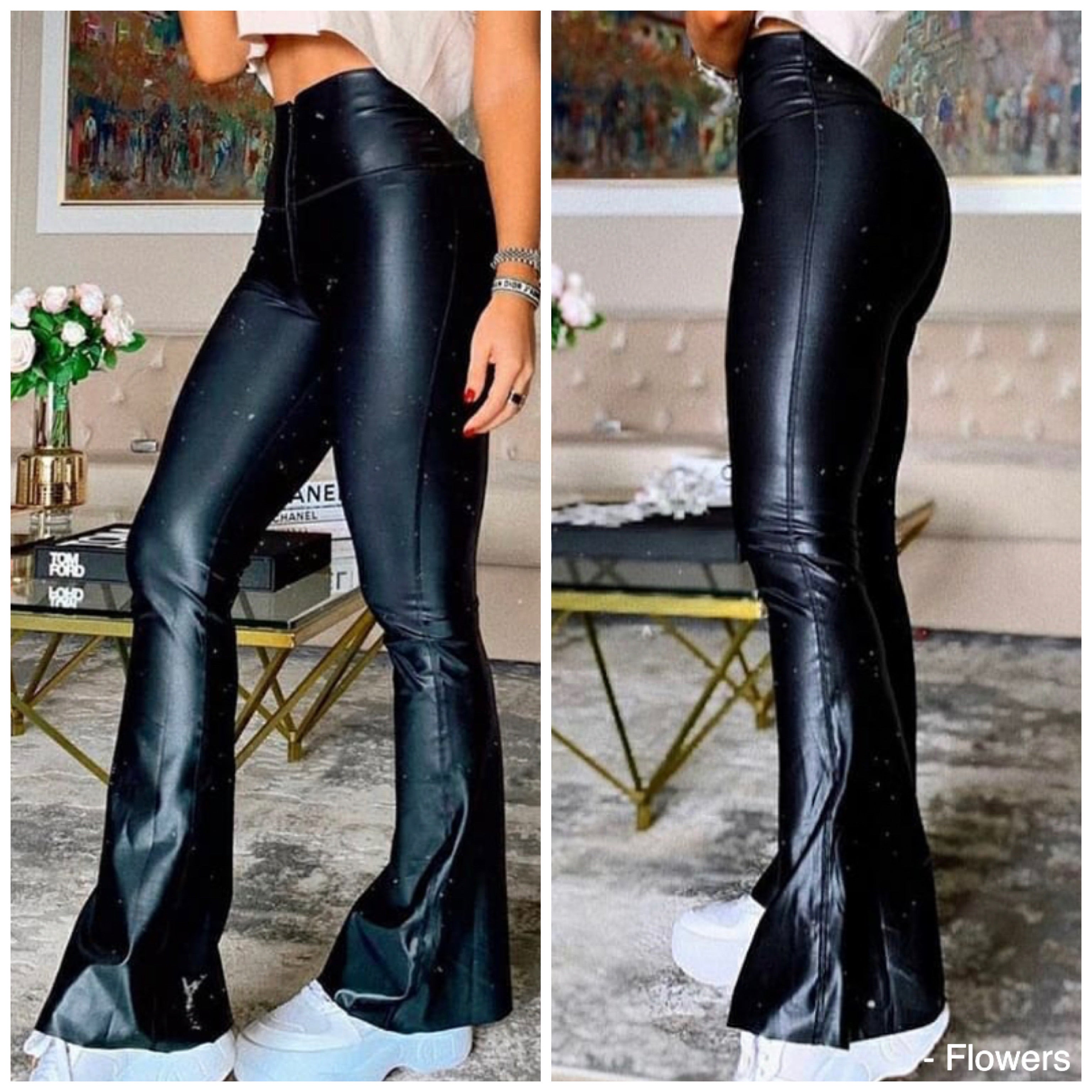 wide boot leather effect leggings with zipper