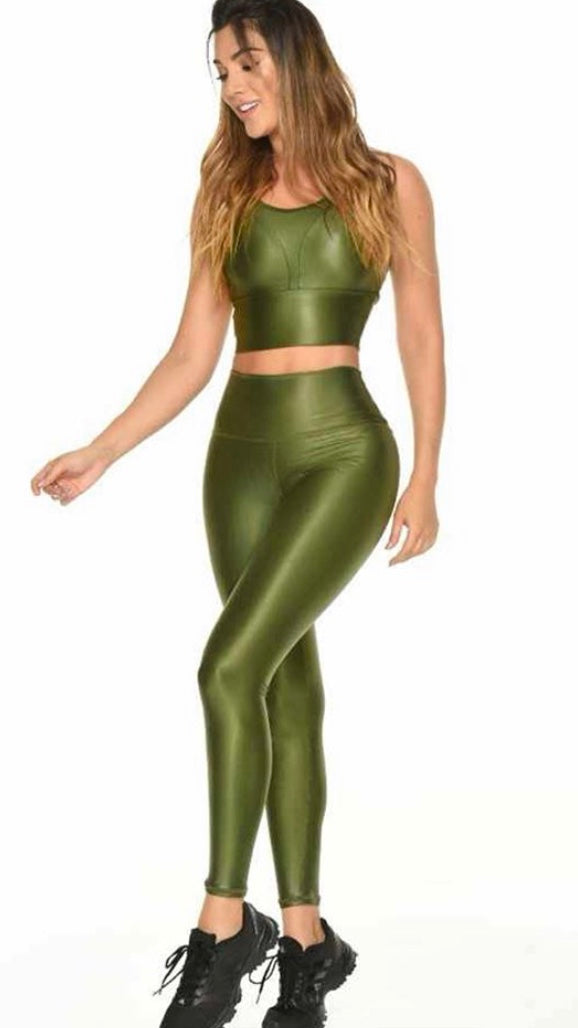 Military green leggings effect leather basic