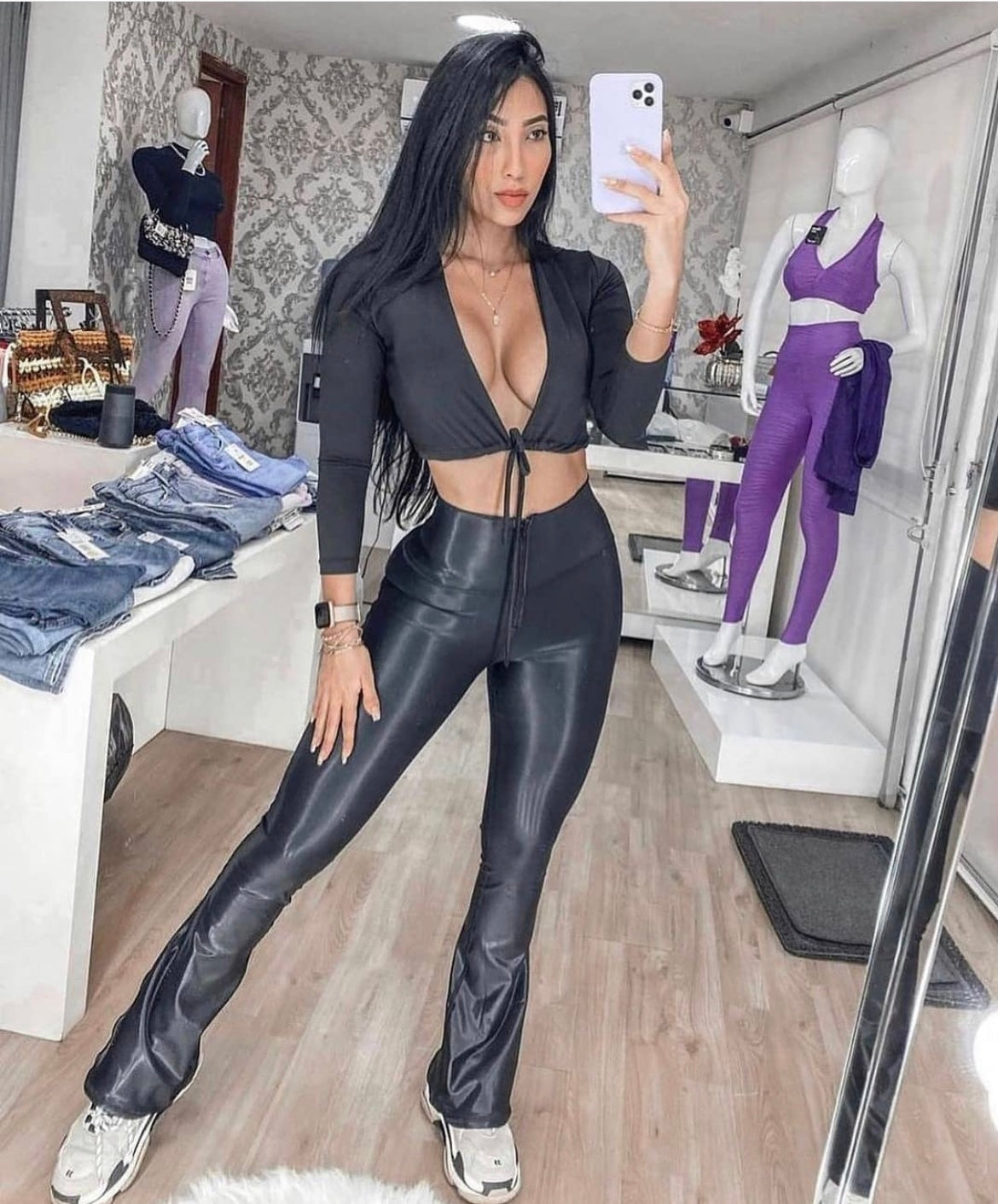 wide boot leather effect leggings with zipper