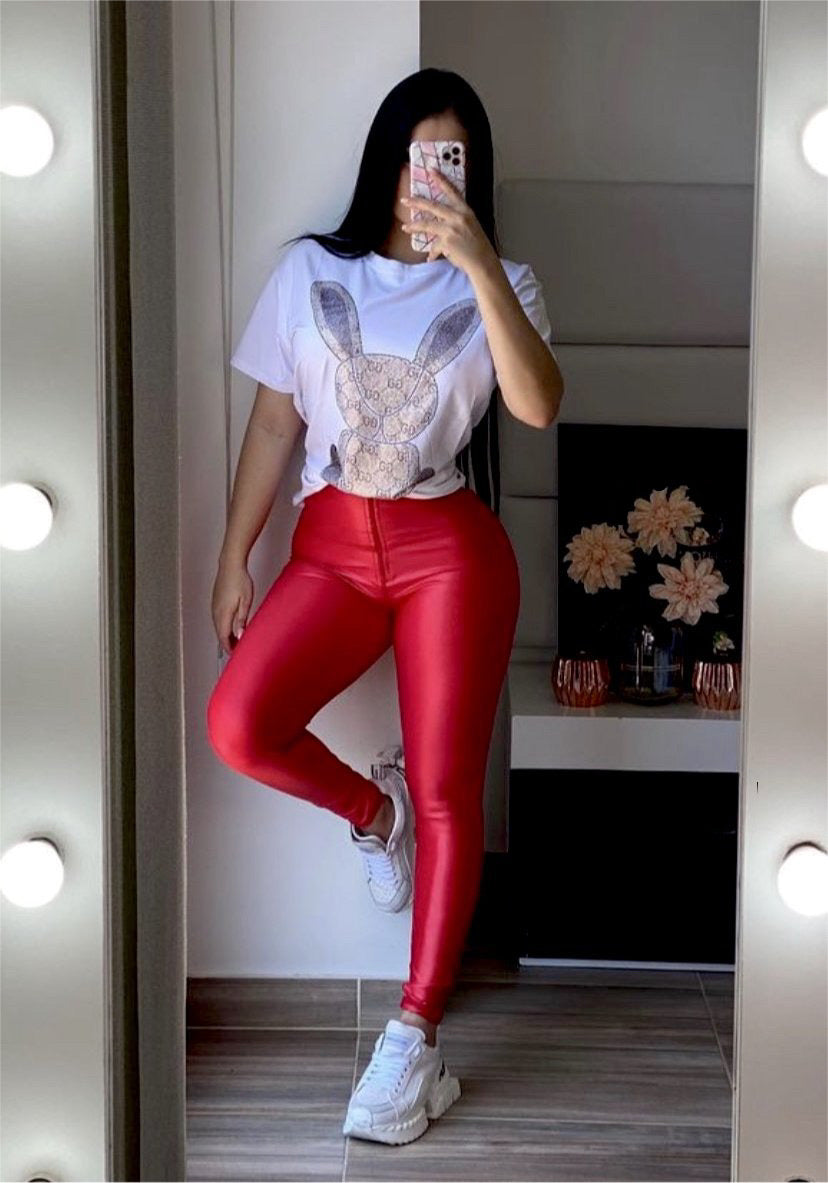 Legginsg red effect leather with zipper