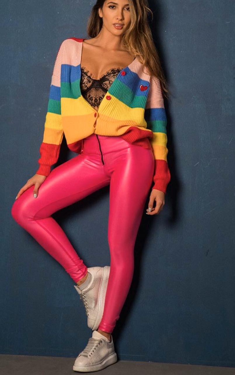Neón pink leggings effect leather with zipper
